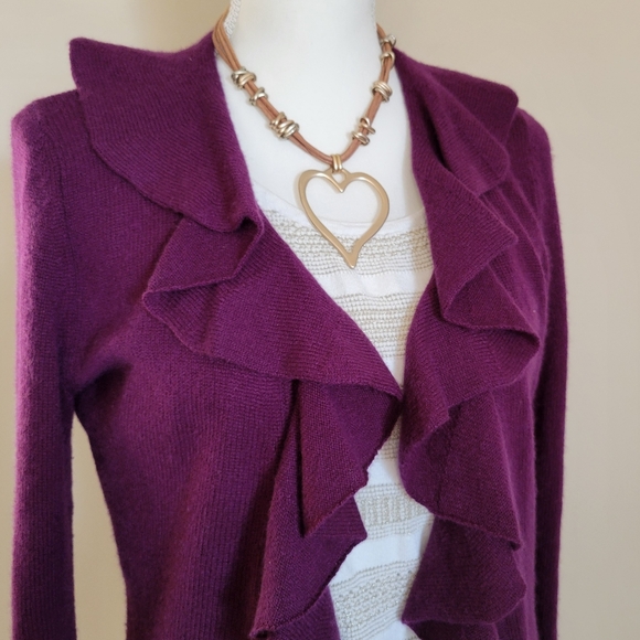 Saks Fifth Ave 100% Cashmere Plum Ruffled Cardigan - Picture 3 of 6